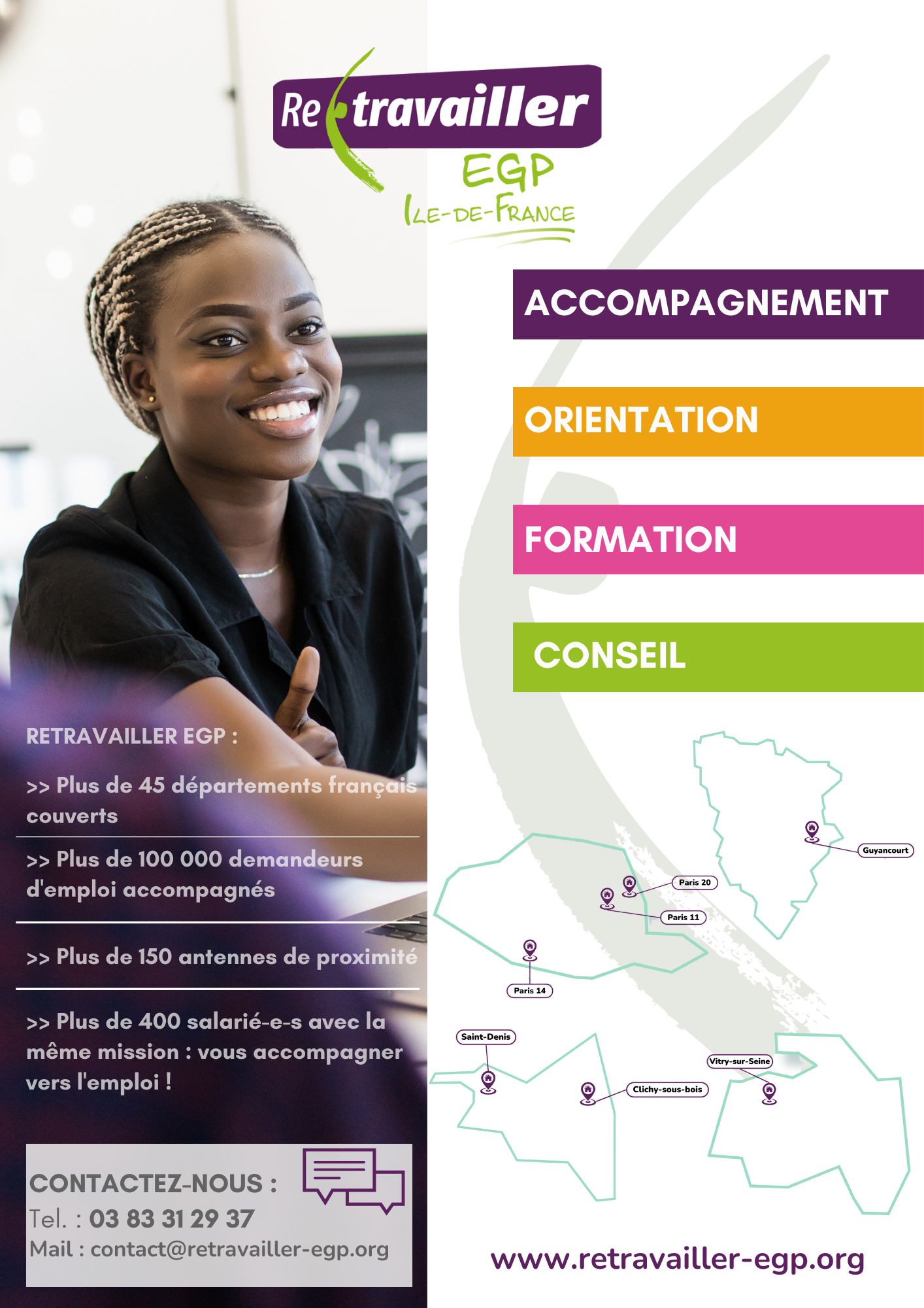 Flyer Retravailler EGP présentant l'accompagnement, l'orientation, la formation, le conseil et la carte des implantations