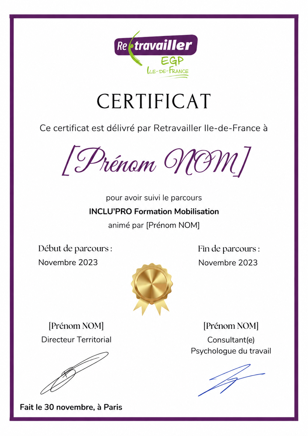 Certificat INCLU'PRO Formation Mobilisation créé pour le bilan collectif, version anonymisée