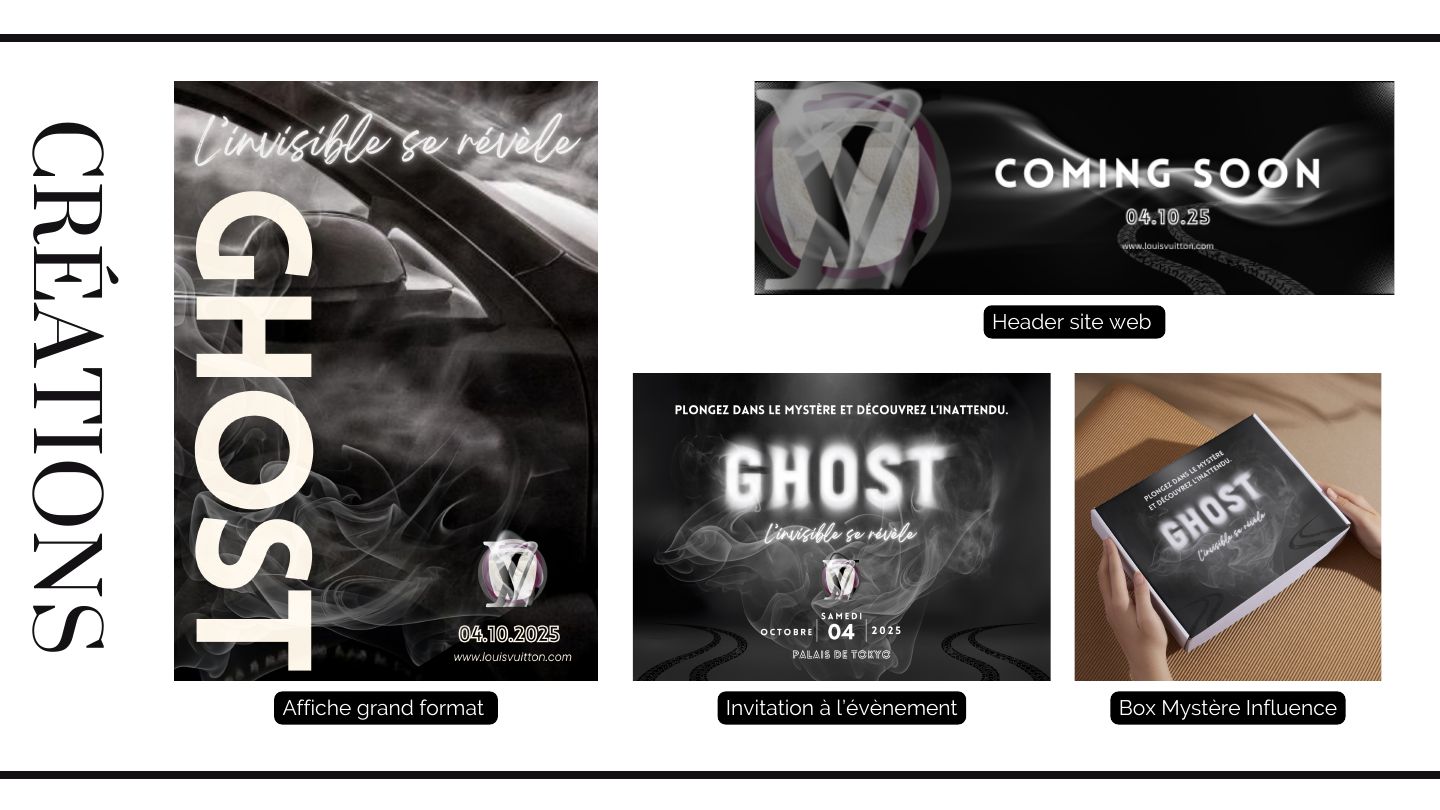 Dossier GHOST : affiche grand format, header de site, invitation et box mystère