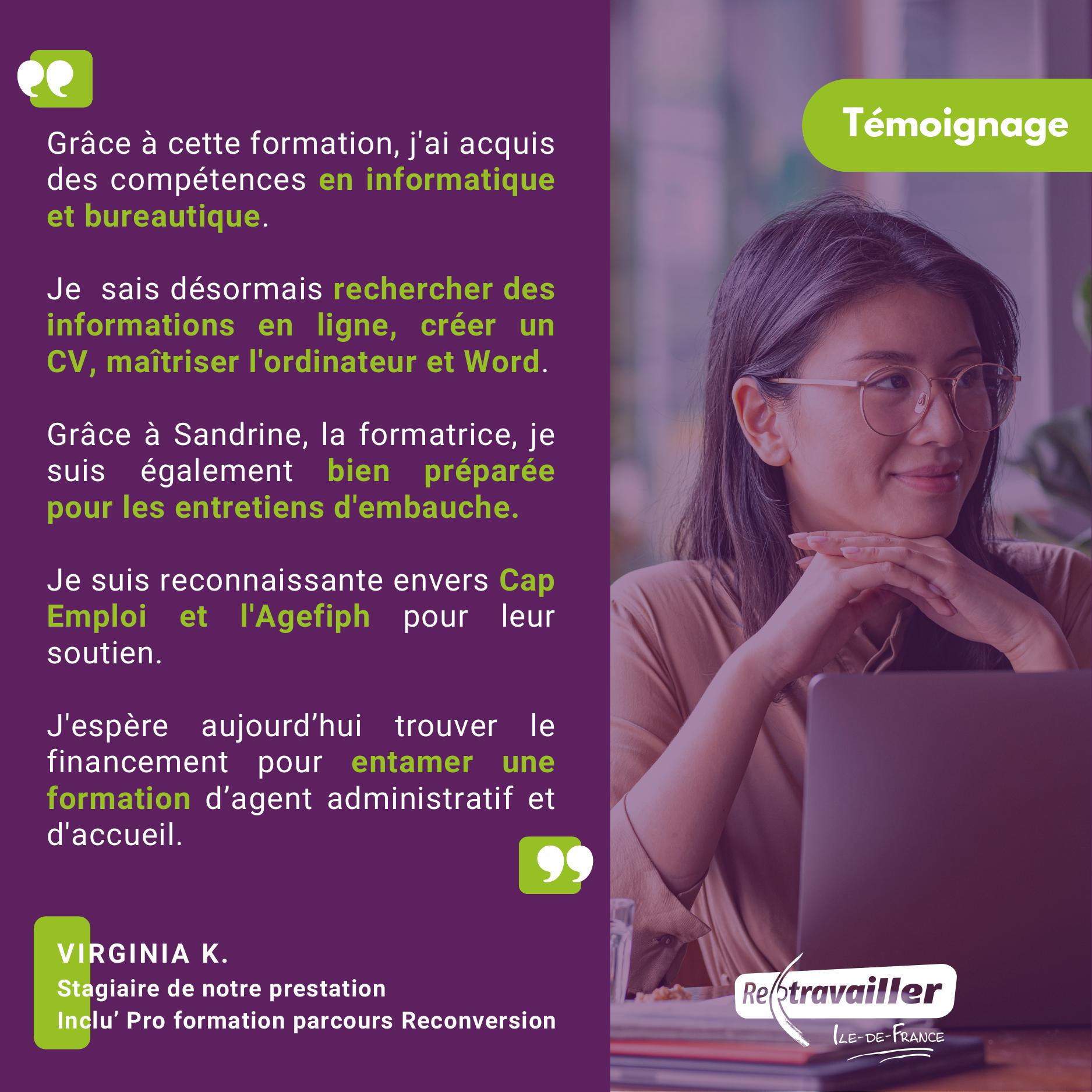 Publication LinkedIn Retravailler IDF : témoignage écrit de Virginia K., stagiaire du parcours Inclu'Pro Reconversion