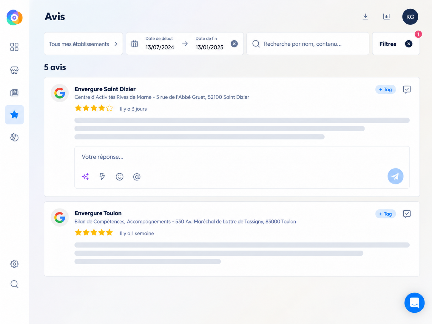 Tableau de bord Partoo listant les avis Google des établissements, avec zone de réponse